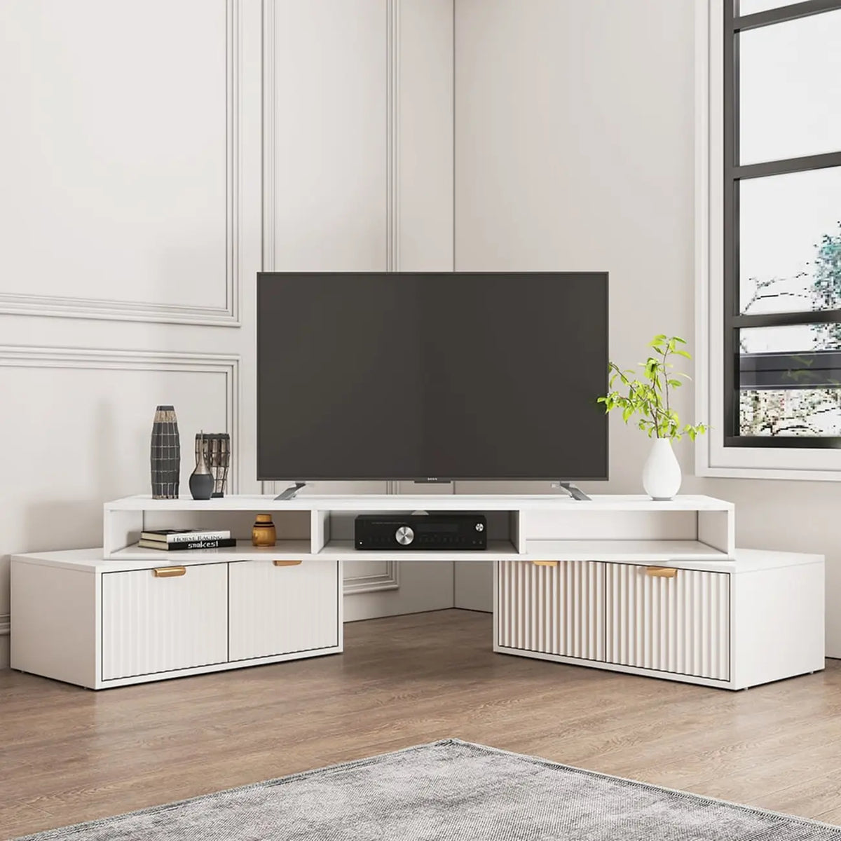 Mejda moderna bajda tat-TV għall-kantuniera b’2 kxaxen u ħażna miftuħa