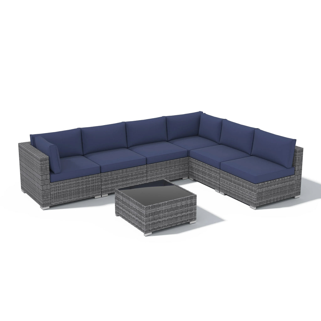 7-delige outdoor loungeset van vlechtwerk en staal met kussens