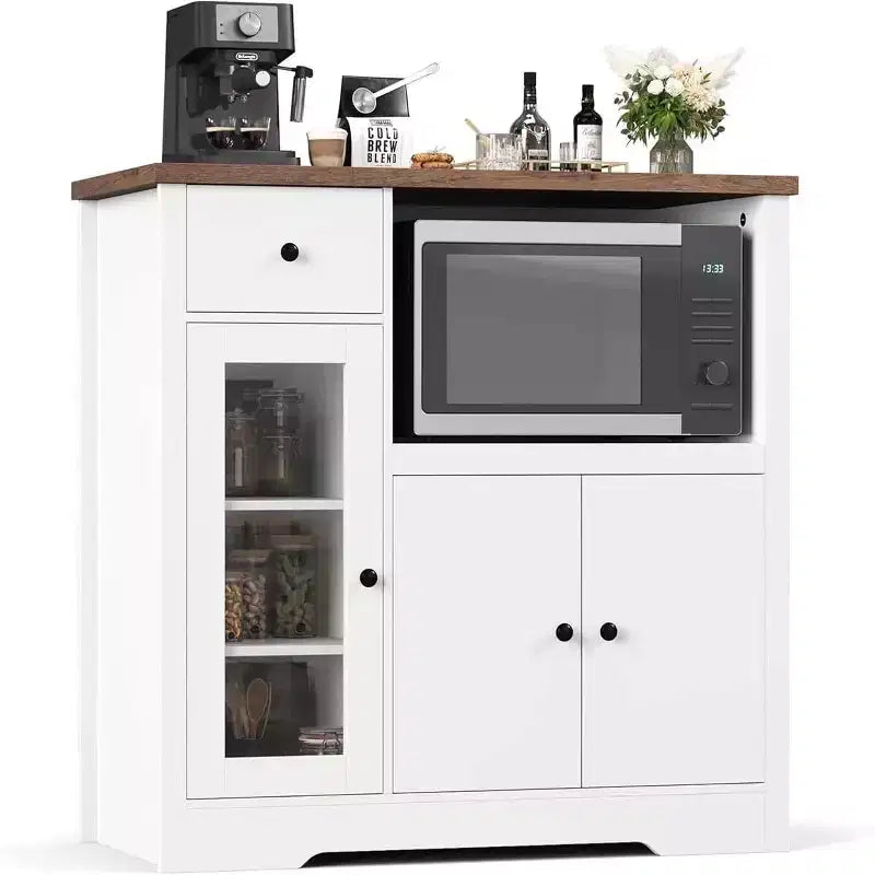 Mobile da cucina per microonde con contenitore, 3 ante, 1 cassetto e ripiani regolabili, mobile dispensa