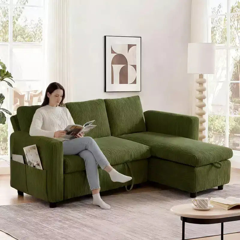 Dyonery Divano letto estraibile 2 in 1 con chaise longue contenitore, divano componibile in velluto a coste C con porte USB per il soggiorno