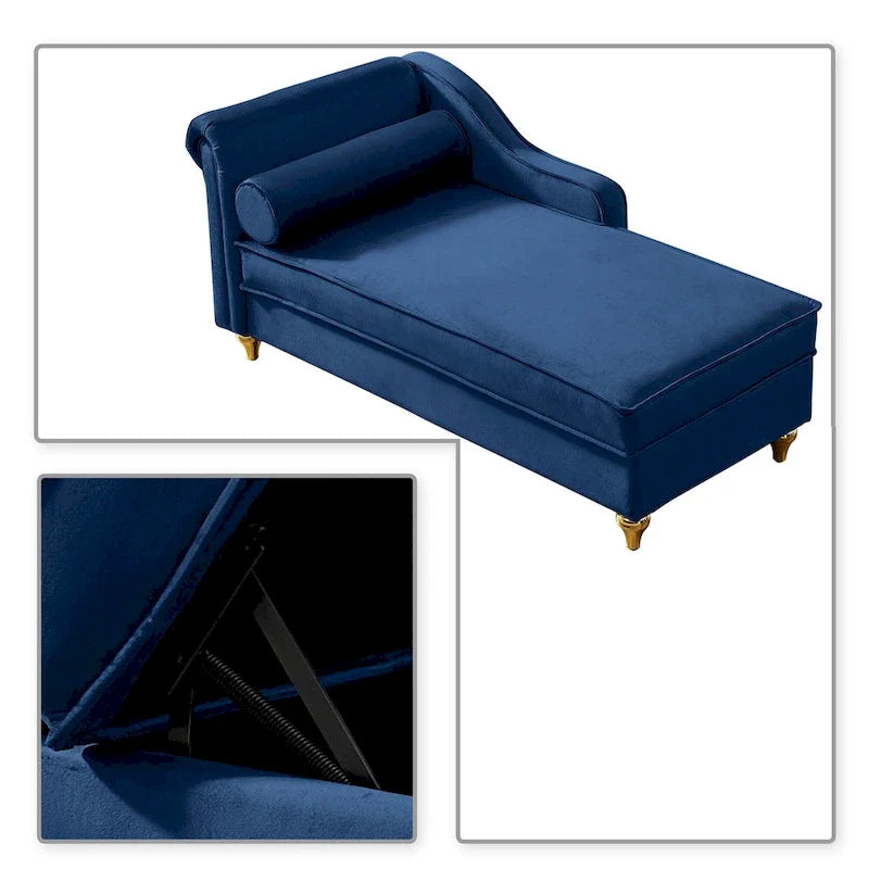 Chaise longue elegante francese rivestita in velluto con contenitore e cuscino