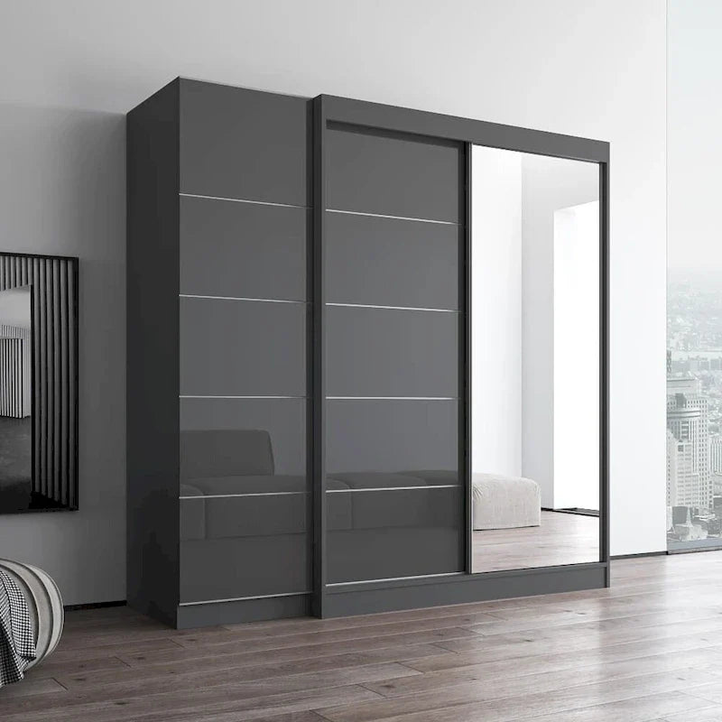 2-türiger Kleiderschrank mit Spiegel und Glasfront für 2 Personen (Grau/Schwarz/Weiß)