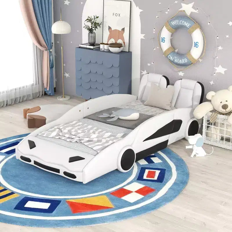 Whisen Wood Twin Size Race Car-Shaped Platform Bed with LED and Upholstered Backrest