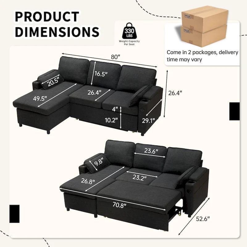 Divano letto a L da 80", divano letto con letto estraibile, divano letto reversibile