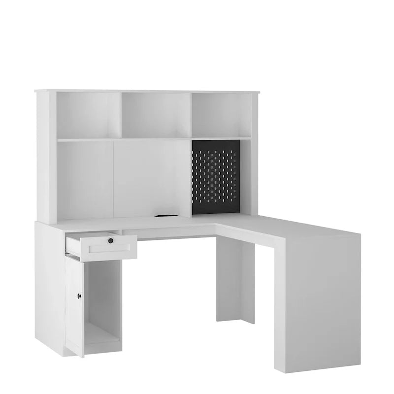 L-vormig bureau met stopcontact, computerbureau met laden, boekenkast en opzetkast, modern hoekbureau, bureau voor thuiskantoor
