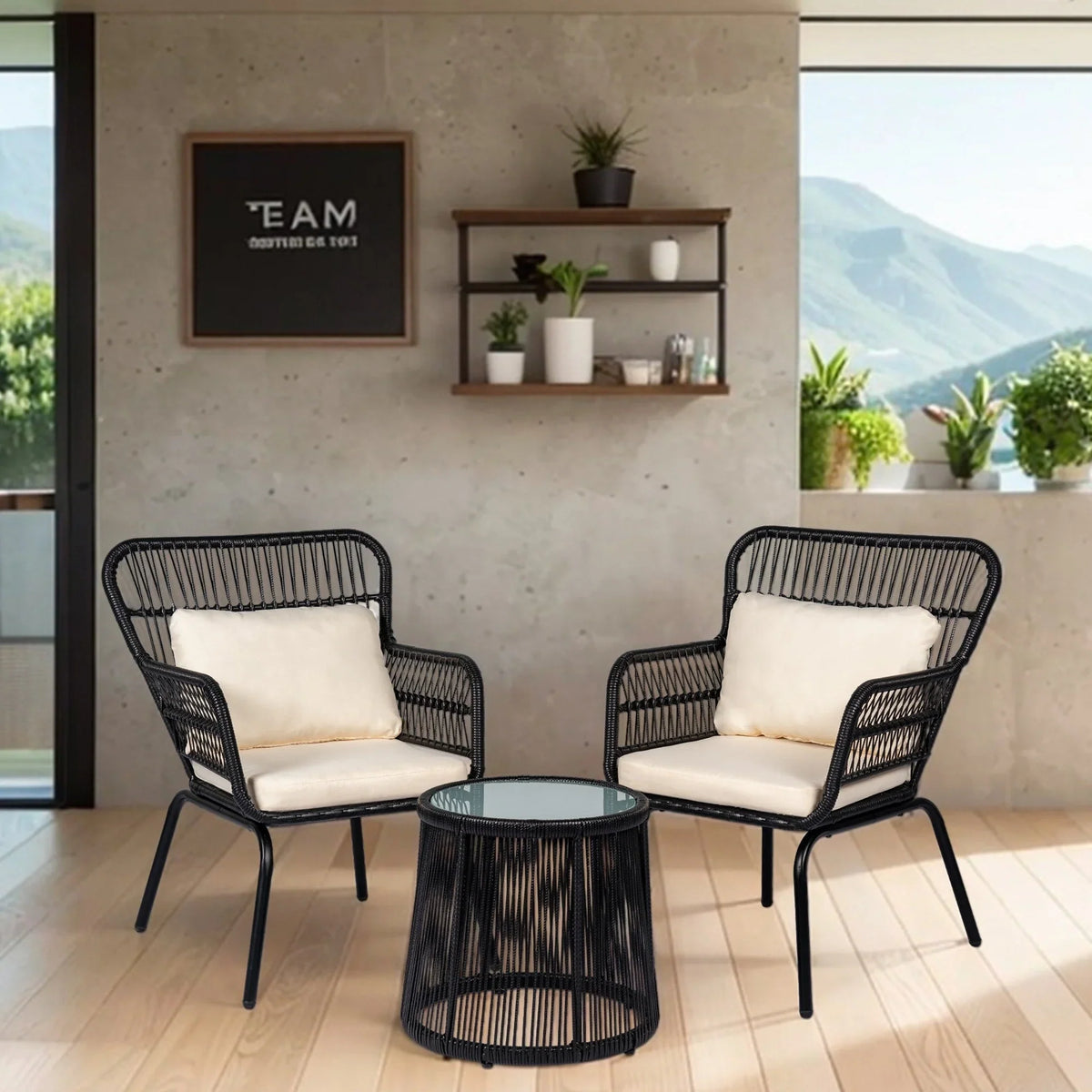 3-teiliges Outdoor-Bistro-Set aus Korbgeflecht, wetterfestes Rattan-Gartenmöbelset mit Stühlen und Sitzkissen