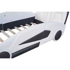 Whisen Wood Twin Size Race Car-Shaped Platform Bed with LED and Upholstered Backrest