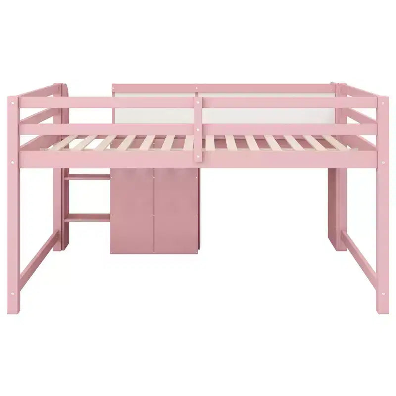 Roze/wit laag halfhoogslaper met bureau, opbergruimte en whiteboard – eenpersoonsbed, voor 1 persoon