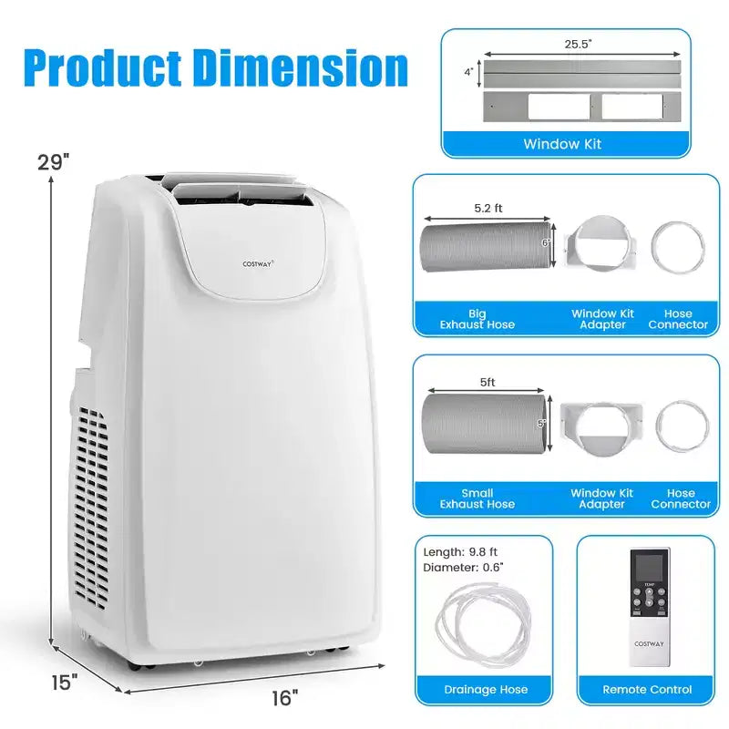 Costway draagbare airconditioner van 8000 BTU (11.500 BTU ASHRAE) met twee slangen, 3-in-1-airconditioningunit met afstandsbediening