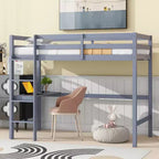 Okak Minimalism Loft Bed with Ladder, Rubber Wood Twin Loft Bed with Safety Guardrail and Build-In Desk, Bed Frames for Kids, Teenagers