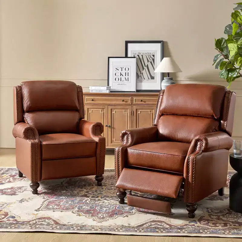 Set van 2 moderne Elisabete-fauteuils met hoge rugleuning van echt leer en vintage spijkerkopafwerking voor woonkamer en slaapkamer| ART OF LIVING DESIGNS