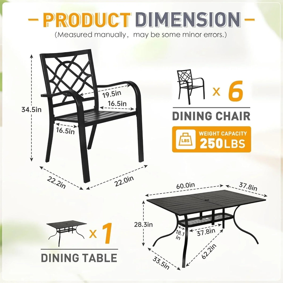 Set da pranzo SUNCROWN da esterno per patio, da 5/7 pezzi, in acciaio, con tavolo a doghe metalliche e sedie impilabili, struttura verniciata a polvere