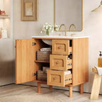 JVNOXK 76 cm rustikaler moderner Waschtischunterschrank aus Keramik mit 3 Schubladen und 1 großen Soft-Close-Tür, Aufbewahrungsschrank, natürliche Holzmaserung