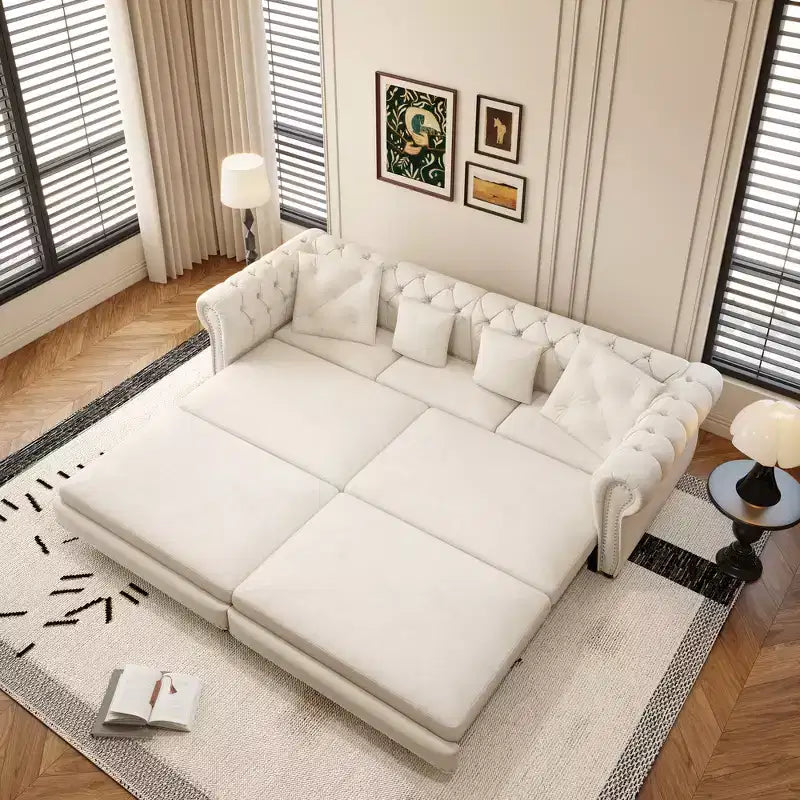 Divano letto estraibile king size 3-in-1 Whisen in velluto e divano letto trasformabile con pouf mobile e design trapuntato