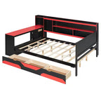 Full/Queen Gaming Daybed with Bookcase Headboard, LED Lights, Integrated Desk, Drawers and Charging Station