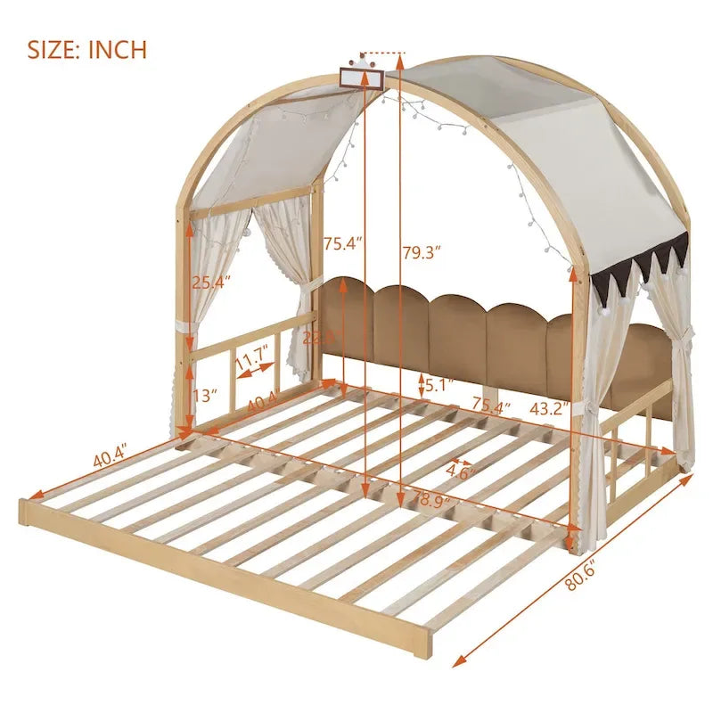 Letto Montessori a piattaforma in legno massello a forma di casetta, con tetto ad arco e letto estraibile, per bambine e bambini