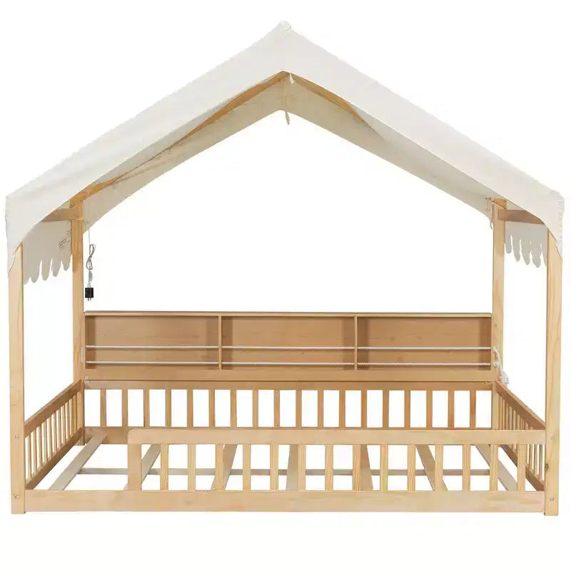 Whisen Struttura letto da terra in legno a una piazza e mezza, divano letto a forma di casetta con recinzione, 3 librerie contenitore, tenda