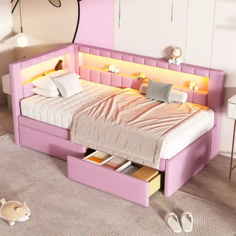Gestoffeerd platformbed met USB-poorten en ledverlichting - bedframe voor tweepersoonsbed/twin-size met 2 opberglades - moderne slaapkamer