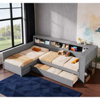 Twin Size L-shaped Platform Bed with Trundle & Charging Station, Wood Bed Frame with Bookshelf