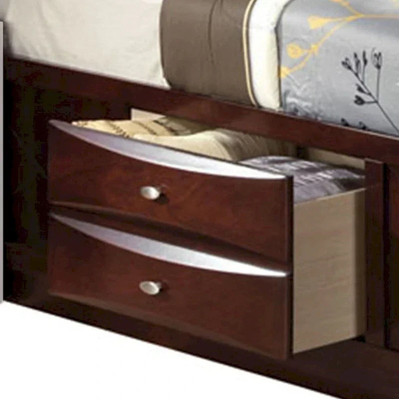 Letto matrimoniale dal design a pannelli con libreria e cassetti, marrone