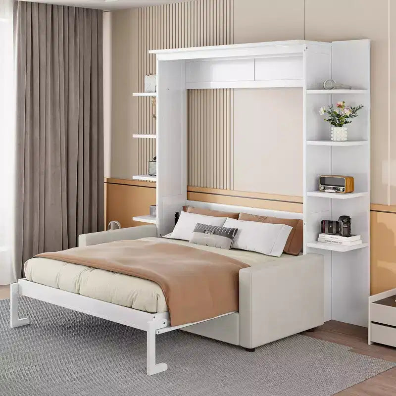 Whisen modernes Murphy-Bett in Queensize mit Holzrahmen, Wandbett mit Sofa und Regalen
