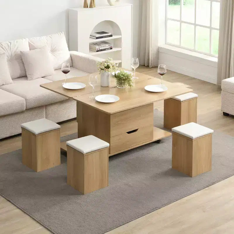 Multifunktionaler moderner Couchtisch mit Liftplatte, verborgenem Stauraum, 4 Hockern und Rollen – perfekt für moderne Wohnbereiche
