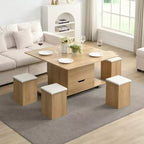 Multifunktionaler moderner Couchtisch mit Liftplatte, verborgenem Stauraum, 4 Hockern und Rollen – perfekt für moderne Wohnbereiche