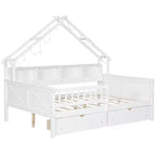Full Size House Bed Frame with Drawers, House Platform Bed with LED Lights, Storage Shelves & Drawers, Wood Daybed with Roof and Guardrail