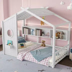 Huisvormig platformbed voor eenpersoonsbed/tweepersoonsbed, peuter-vloerbed, Montessori-kinderbed en speelhuisbed met opbergplank - ModernLuxe