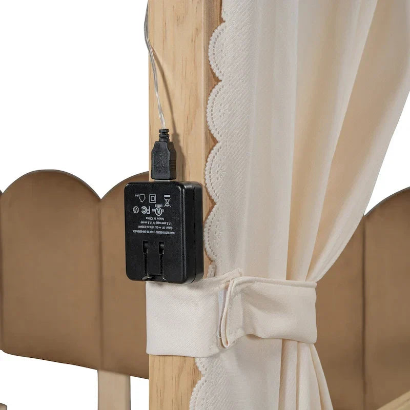 Letto Montessori a piattaforma in legno massello a forma di casetta, con tetto ad arco e letto estraibile, per bambine e bambini