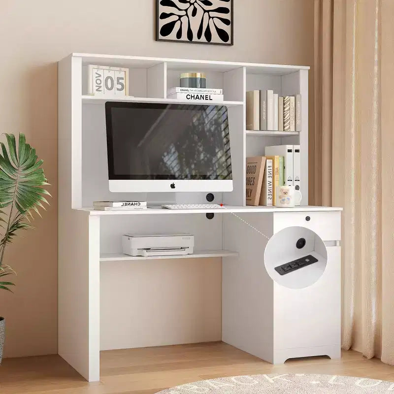 Moderne computerbureau van 51,18 inch met opzetkast en boekenkast, kantoorbureau met veel opbergruimte, schrijf bureau voor studeerkamer en leesruimte