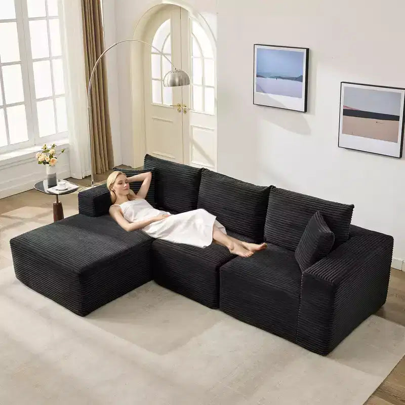 108 modernes Sofa, 3-Sitzer-Sofa in L-Form mit Polsterbezug und Kissen, Sofa mit tiefer Sitzfläche, keine Montage erforderlich