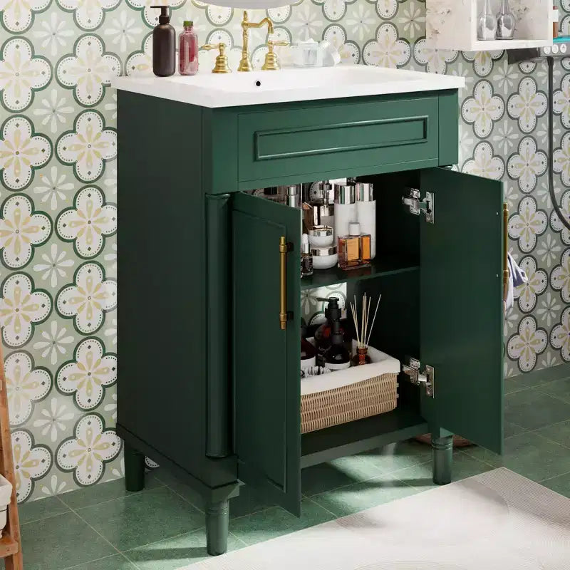 Vanity tal-kamra tal-banju ta’ 24 b’sink taċ-ċeramika, kabinett Shaker, 2 bibien b’għeluq artab u qafas tal-injam solidu għal kamra tal-banju żgħira jew powder room