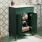 Vanity tal-kamra tal-banju ta’ 24 b’sink taċ-ċeramika, kabinett Shaker, 2 bibien b’għeluq artab u qafas tal-injam solidu għal kamra tal-banju żgħira jew powder room
