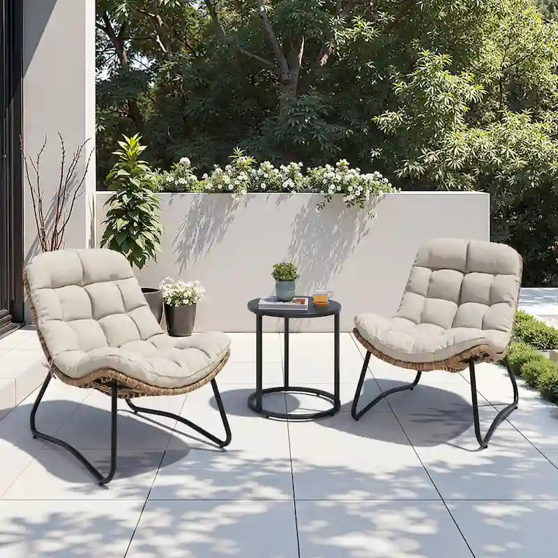 Poltrone Papasan da esterno con cuscino, in rattan PE, comode poltrone da patio con tavolino laterale