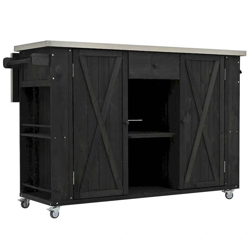Isola da cucina per esterni in legno di abete rustico con piano in acciaio inox e spazio contenitore intelligente