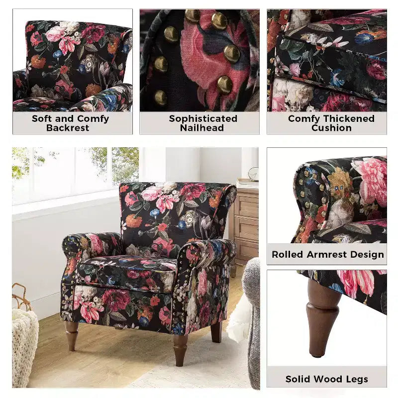 Araceli traditionele houten bloemenfauteuil met bekleding, hoge rugleuning en sierspijkerrand| ART OF LIVING DESIGNS