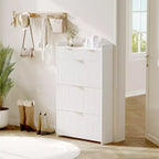 Moderne witte schoenenkast met 3 klepdeuren, 2 kleine laden en haak, smalle schoenenkast met geribbelde voorkant voor de hal