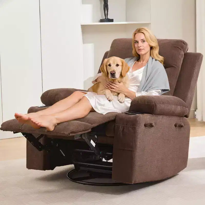 Poltrona reclinabile a dondolo girevole a 360° oversize con massaggio e calore - sedia lounge ergonomica con portabicchieri e tasche laterali per soggiorno e cameretta