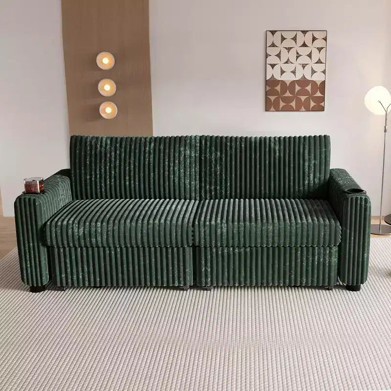 Dyonery 91 Eckschlafsofa mit ausziehbarem Bett, verstellbarer Rückenlehne, zwei ausziehbaren Betten, USB-Anschlüssen und Getränkehaltern, weicher Cordbezug