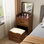 Toeletta 3-in-1 Okak con specchio ribaltabile, toeletta compatta con piano in vetro trasparente e sgabello imbottito, scrivania da toeletta per camera da letto