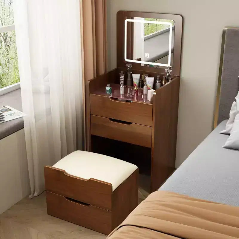 Toeletta 3-in-1 Okak con specchio ribaltabile, toeletta compatta con piano in vetro trasparente e sgabello imbottito, scrivania da toeletta per camera da letto