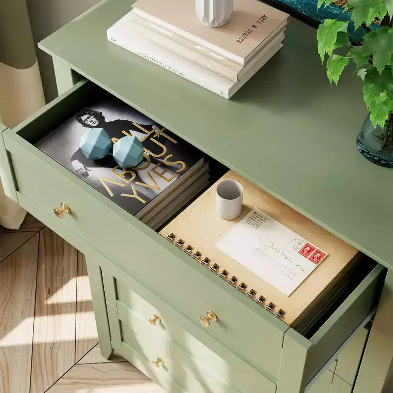 Hoge ladekast van 42,5 inch met 5 laden voor de slaapkamer, houten opbergkast met laden van 11,9 inch diep en gouden metalen knoppen, ideaal voor hal of entree