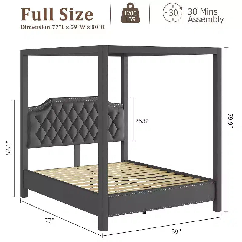Hemelbedframe voor queensize bed met palen, hoekbeugels voor 4 hoeken, ondersteuning met latten van massief hout, geen boxspring nodig, geluidloos
