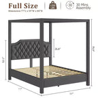 Hemelbedframe voor queensize bed met palen, hoekbeugels voor 4 hoeken, ondersteuning met latten van massief hout, geen boxspring nodig, geluidloos