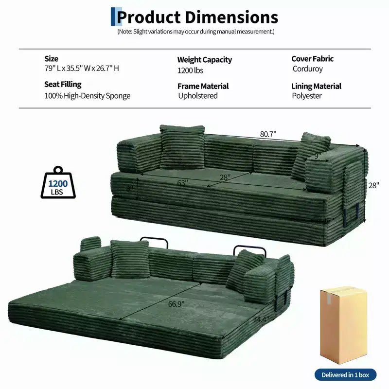 80.7 5-in-1 Convertible Sleeper Sofa Bed 鈥?Corduroy, 1200 lbs, No Assembly
