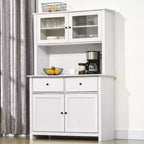 HOMCOM 63.5 Kitchen Buffet with Hutch, Pantry Storage Cabinet with 4 Shelves, Drawers, Framed Glass Doors, Open Microwave Countertop