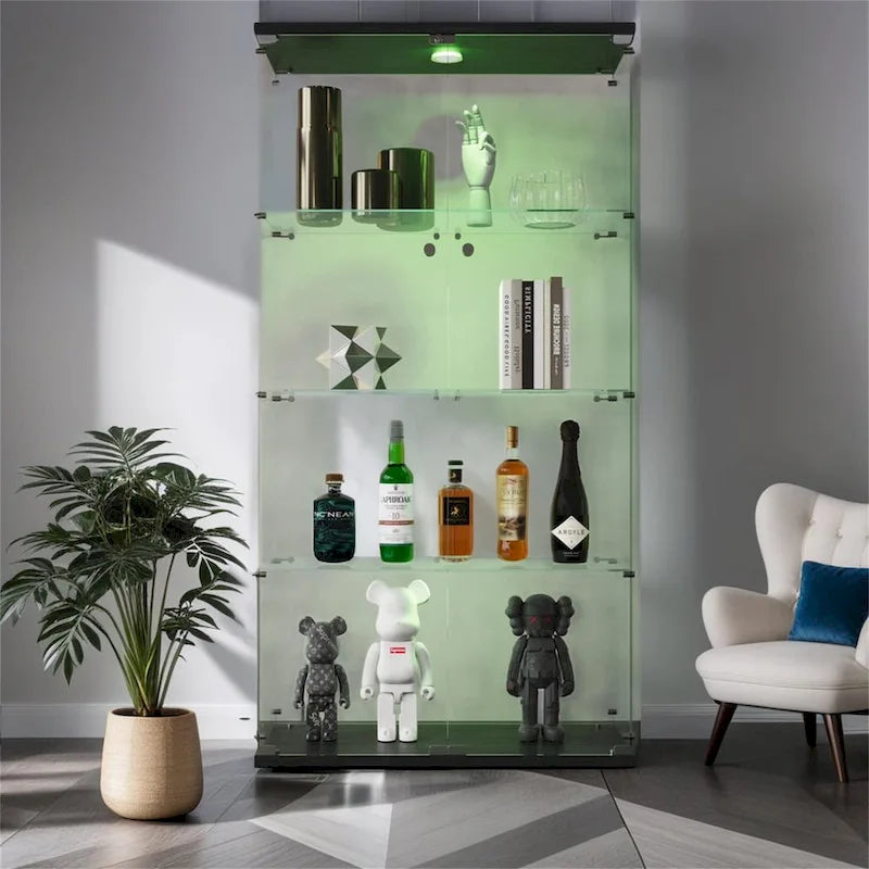 Vetrinetta illuminata a due ante in vetro con 4 ripiani, nera