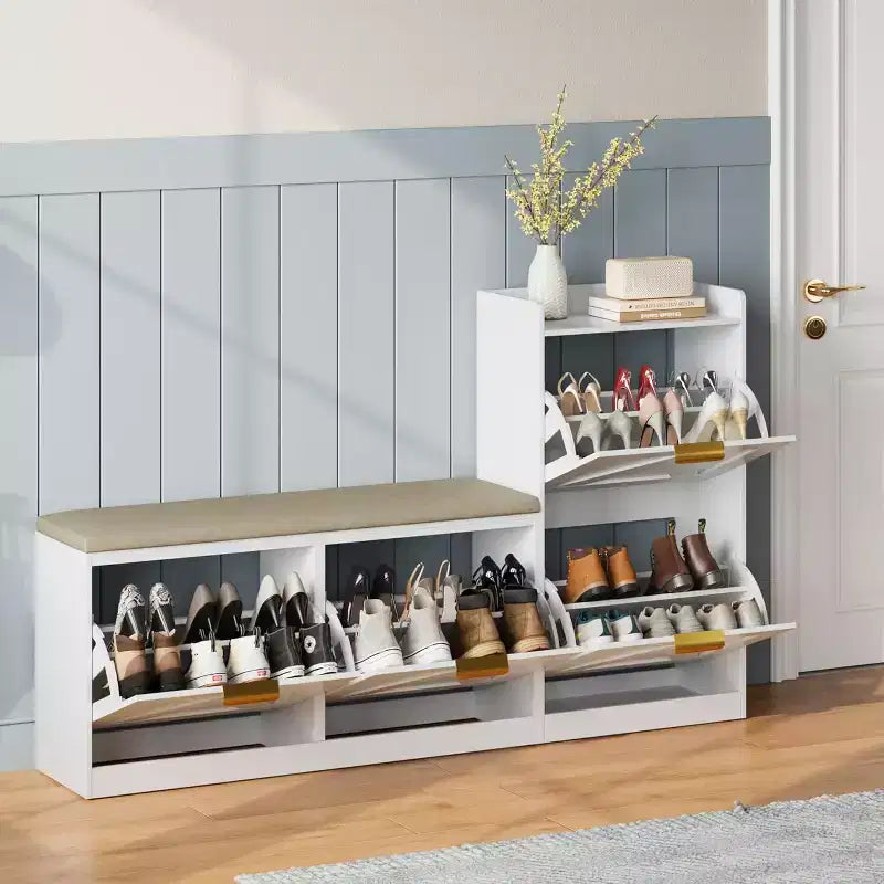 Schoenenkast met bankje en 4 klepladen – smalle halorganizer voor 35-40 paar