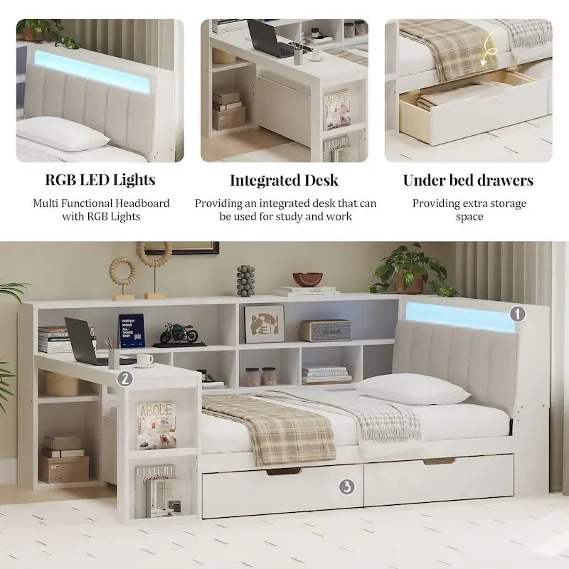 Divano letto in legno a forma di L con scrivania, libreria, letto angolare con cassetti sottoletto, testiera imbottita con luce integrata